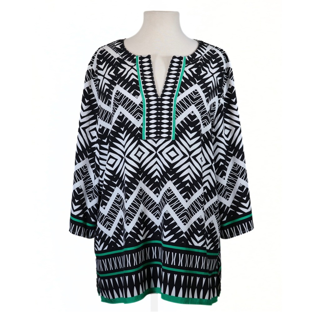 Chico's Tunic Top Womens 3 Black White Green Geometric Print 3/4 Sleeve Casual